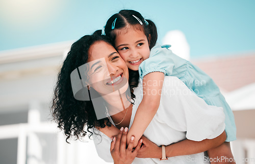 Image of Happy, airplane and mom with her kid in the garden outdoor their family home for adventure. Playful, smile and young mother carrying her girl child on his back while bonding and playing together.