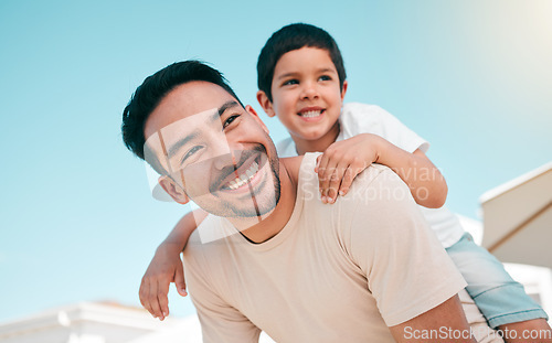 Image of Happy, smile and piggyback with father and son in backyard for playful, support and airplane. Happiness, relax and love with man and child at family home for care, excited and games together