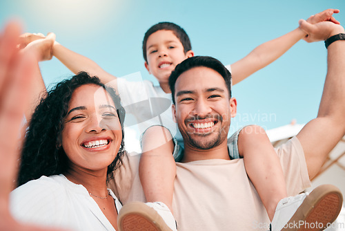 Image of Selfie, happy family and airplane fun outdoor for bonding, play and having fun in backyard together. Love, portrait and boy child with parents outside for photo, weekend or piggyback game with smile