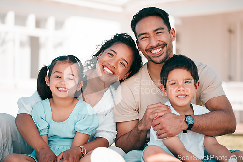 Image of Portrait, family and happy parents with kids outdoor at house, home or backyard in summer or happiness on holiday. Man, woman and children with smile on face for bonding, quality time or vacation