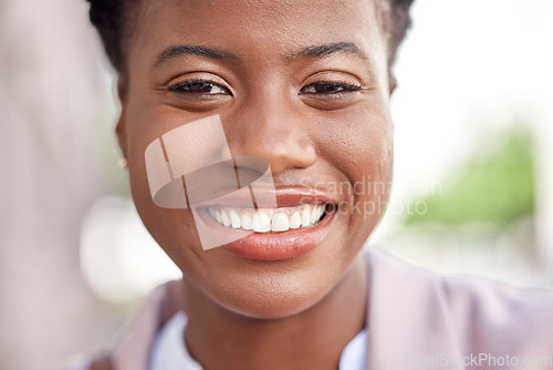 Image of Smile, face and business woman travel in a city or urban town feeling excited to commute to work or job. Opportunity, happy and portrait of confident female professional employee or corporate worker