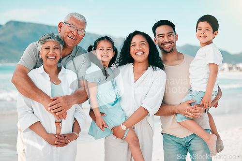 Image of Grandparents, parents or portrait of children at beach as a happy big family for holiday vacation travel. Grandfather, grandmother or mom with dad or kids siblings in nature at sea bonding together