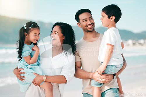 Image of Family, people and smile on nature beach with parents and children bonding with travel to Mexico. Happiness, man and woman with kids outdoor, love and trust with support while on tropical holiday