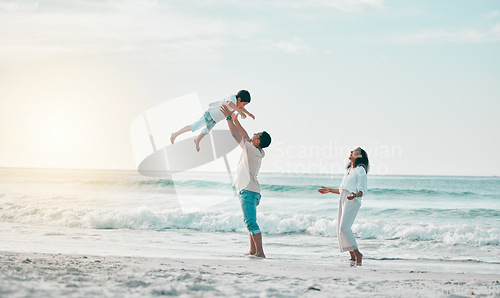 Image of Beach, family and father lifting boy child with love, freedom and travel celebration in nature. Flying, fun and parents with kid at the ocean for bond, happy and airplane game while traveling in Bali