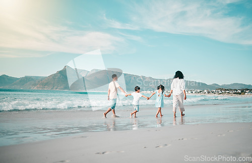 Image of Holding hands, walking and family and the beach from behind with freedom, vacation and fun at sea. Ocean and children with parents in Hawaii for travel, bond and summer holiday on sky mockup space