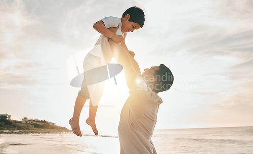 Image of Beach, love and father lifting boy child with freedom, smile and travel celebration in nature. Flying, fun and parent with kid at the ocean for bond, happy and airplane game while traveling in Bali