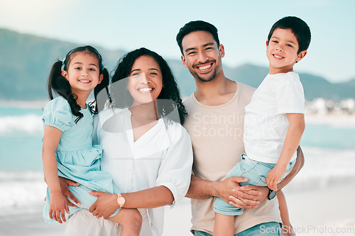 Image of Family in portrait on beach, parents and children with bonding on holiday, happy people and smile with travel. Mother, father and young kids, tropical vacation in Mexico with love and care outdoor