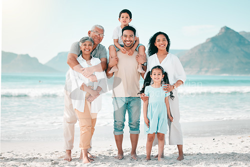 Image of Grandparents, parents or portrait of happy kids at beach as a big family for holiday vacation travel. Grandfather, grandmother or mom with dad or children siblings in nature at sea bonding together