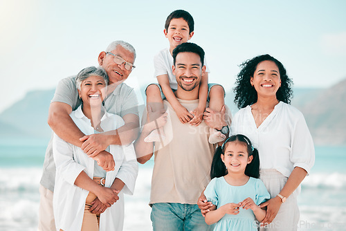 Image of Grandparents, parents or portrait of happy children at sea as a big family for holiday vacation travel. Grandfather, grandmother or mom with dad or kids siblings in nature at beach bonding together