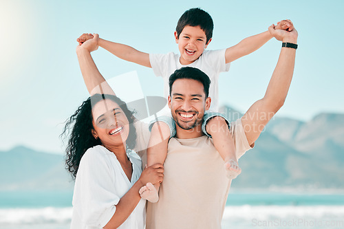 Image of Portrait, happy family and airplane games at a beach with freedom, bond and fun together in nature. Face, love and piggyback by parens and boy child at ocean for travel, holiday and summer vacation