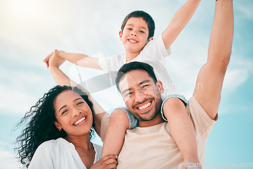 Image of Family, happy and portrait with airplane games at beach for freedom, bond and fun together on blue sky background. Face, love and piggyback by parents and child outdoor for travel, holiday or trip