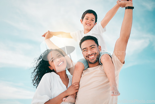 Image of Happy family, portrait and airplane games at a beach with freedom, bond and fun together on blue sky background. Face, love and piggyback by parents and boy child outdoor for travel, holiday or trip