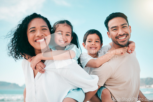 Image of Family on beach, parents piggyback children in portrait with bonding on holiday, happy people and smile with travel. Mom, dad and young kids, tropical vacation in Mexico with love and care outdoor