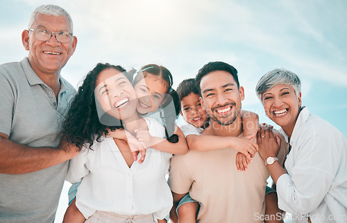 Image of Family, generations and portrait, people in nature and smile with grandparents, parents and children bonding. Happiness, men and women with kids outdoor, love and trust with support while on holiday