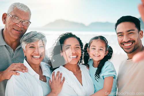 Image of Family selfie, generations and portrait, people on beach with grandparents, parents and children bonding. Happy, men and women with kid outdoor, love and trust with smile in picture on holiday