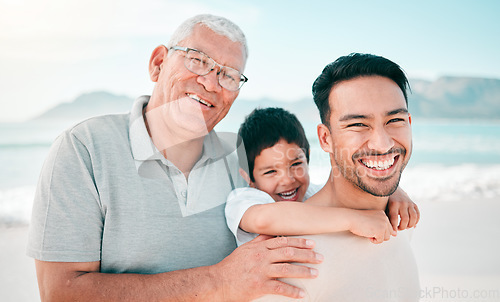 Image of Grandfather, dad or portrait of child at beach with a happy family for holiday vacation or weekend travel. Piggyback, smile or grandparent with dad or child in nature at sea or ocean bonding together