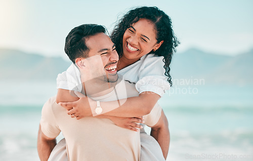 Image of Love, smile and piggyback with couple on beach for travel, summer and vacation together. Peace, happy and relax with man and woman hugging on date for seaside holiday, care and mockup space