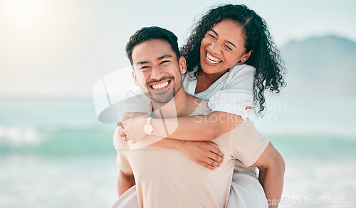 Image of Love, happy and piggyback with couple on beach for travel, summer and vacation. Peace, smile and relax with portrait of man and woman hugging on date for seaside holiday, care and mockup space