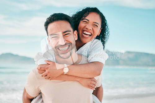 Image of Love, portrait and piggyback with couple on beach for travel, summer and vacation together. Peace, smile and relax with man and woman hugging on date for seaside holiday, care and mockup space