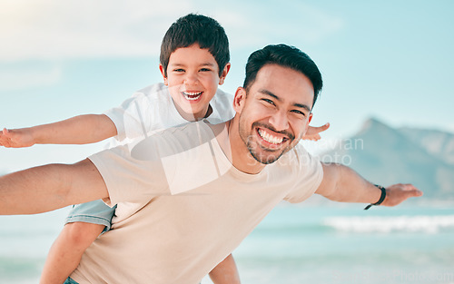 Image of Airplane, portrait and father with boy child at a beach with freedom, fun and bonding in nature. Flying, love and face of parent with kid at the ocean for travel, playing and piggyback games in Bali