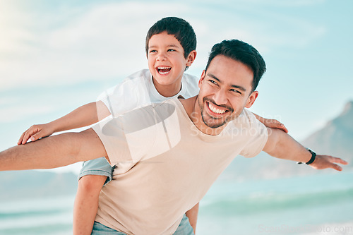 Image of Airplane, smile and father with boy child at a beach with freedom, fun and bonding in nature. Flying, love and happy parent with kid at the ocean for travel, playing and piggyback games in Bali