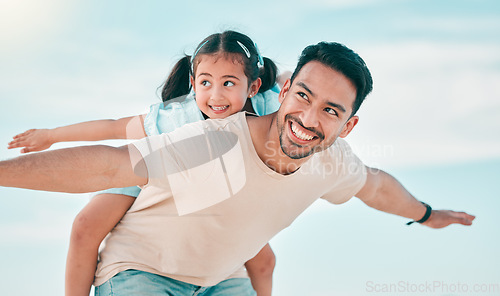 Image of Airplane, smile and father with girl child at a beach with freedom, fun and bonding in nature. Flying, love and happy parent with kid at the ocean for travel, playing and piggyback games in Miami