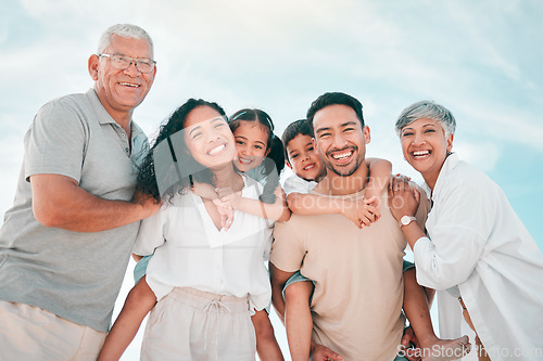 Image of Grandparents, big family or portrait of happy kids with parents in nature for holiday vacation travel. Grandfather, grandmother or low angle of mom with dad, smile or kids siblings bonding together