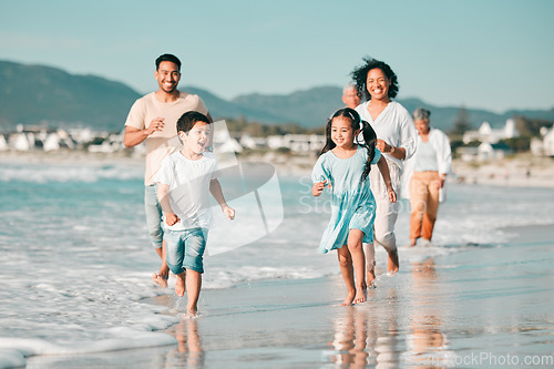 Image of Family running on the beach, ocean and energy with bonding on holiday, happiness and freedom with travel. Parents, young children and carefree with tropical vacation in Mexico, love and care outdoor