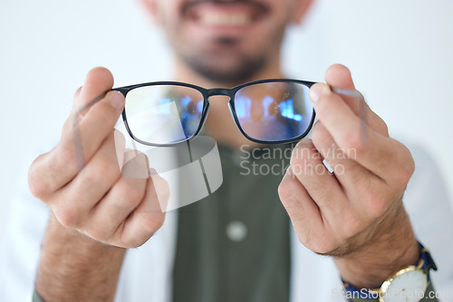 Image of Man, hands and optician with glasses for vision, eyesight and prescription lens. Ophthalmology, frame and doctor with eyewear, spectacles for wellness and optometrist for medical healthcare in clinic