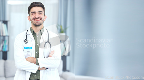 Image of Doctor, man and portrait with arms crossed for healthcare, hospital services and support on banner or mockup space. Face of medical professional or Saudi Arabia person for health insurance or clinic