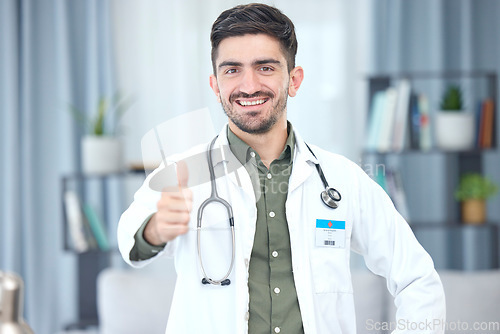 Image of Thumbs up, portrait and doctor or man in healthcare support, thank you or excellence of hospital services. Medical professional or Saudi Arabia person like, yes and ok hand or emoji in clinic success