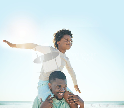 Image of Happy father, child and beach fun with a dad and boy together with parent care and bonding. Outdoor, sea and summer holiday of a family on vacation in nature with happiness while playing with a smile