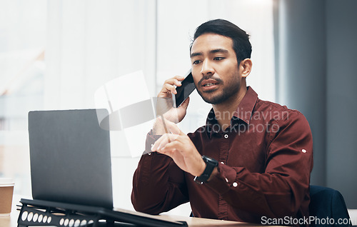 Image of Phone call communication, laptop and man networking, chat or consulting with business contact. Pointing, problem solving and office person, consultant or manager talking, speaking or in conversation