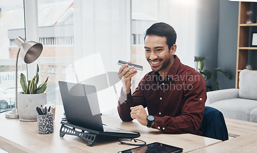 Image of Speaker phone call, laptop or happy man in conversation, networking or consulting with digital communication contact. Recording app, text to speech software or office consultant talking on voice note