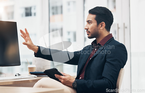 Image of Invisible screen, digital and business man in office with hand gesture for hologram, virtual tech and ai. Network, technology mockup and serious male at desk with tablet for internet, research and ux