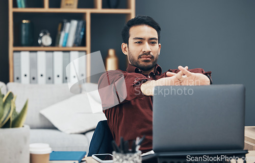 Image of Laptop, working and man stretching fingers for carpal tunnel, muscle health or self care with work from home job. Business asian person or worker on computer and hands stretch to prepare for tasks