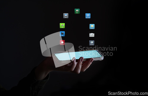 Image of Phone app hologram, hand and mobile networking with software and digital transformation. 3d digital animation, night and technology showing apps icons graphic for virtual connection in the dark