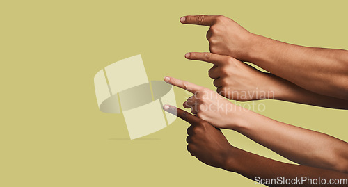 Image of Mockup, hands and group of people in studio with answer, gesture or sign against yellow background. Finger, direction and emoji hand showing solution, faq or about us, vote or opinion while isolated