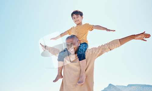 Image of Smile, blue sky and father with child on shoulder for bonding, quality time and relaxing on weekend. Family, beach and happy dad flying with boy on summer holiday, vacation and adventure together