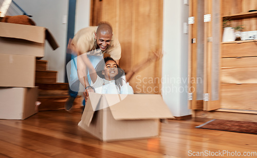 Image of Fun, box and child with father in living room celebrating moving day, rental or real estate. Property, home and girl with parent, cardboard or airplane game while packing, relocating or new house