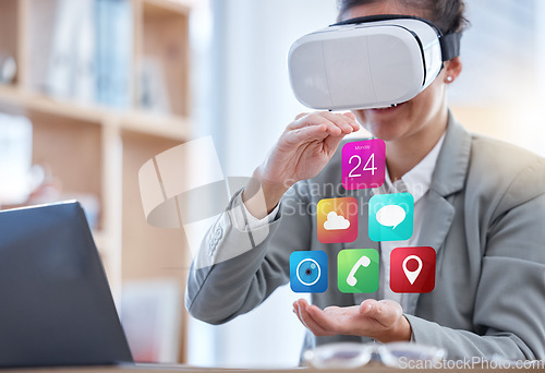 Image of VR, interface hologram and woman in office futuristic software, application icons and cyberpunk ui overlay. Virtual reality glasses, high tech and ux design of business person hands in 3D metaverse