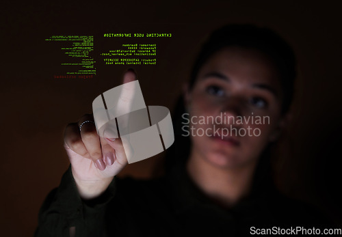 Image of Night, code and woman with programming, hologram and cyber security for protection, digital information and data analysis. Female programmer, coder and worker with holographic and future technology
