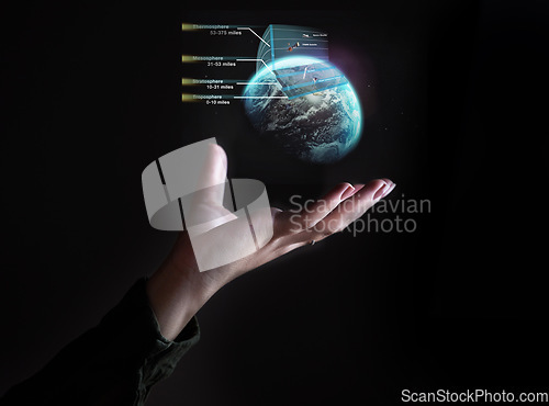 Image of Hand, globe and hologram overlay with a user of ai or 3d technology accessing the metaverse for space travel. World, software and holographic with a person using a ux interface or dashboard