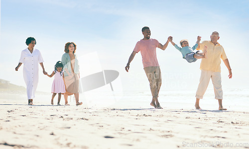 Image of Family on beach, freedom and travel, generations and happy people outdoor, grandparents with parents and kids. Adventure, carefree with dad and grandfather swing kid, fun and summer with hand holding