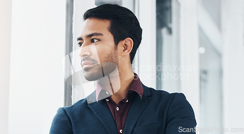 Image of Looking out window, vision and business man of startup company, leader entrepreneurship or corporate management. Thinking entrepreneur, human resources idea and HR manager contemplating job career