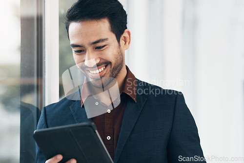 Image of Office, tablet and business man happy for positive financial savings, finance budget report or administration feedback. Growth analytics, data analysis review and person smile for research statistics