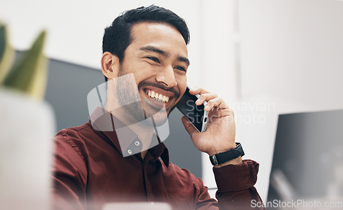 Image of Phone call communication, office and happy man talking to financial investment contact about bitcoin stock exchange. Crypto broker, ecommerce and forex account manager networking on NFT trading chat