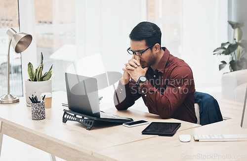 Image of Laptop, stress migraine or man sad over financial crypto crisis, forex stock market crash or NFT investment mistake. Burnout problem, 404 fintech fail or tired man worry over bitcoin database glitch