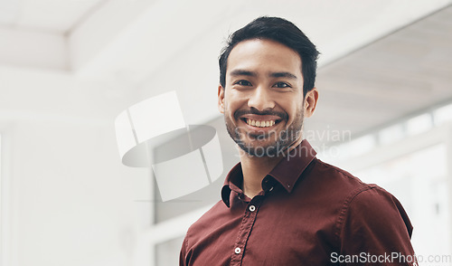 Image of Office portrait, agent and happy business man, manager or leader smile for startup company success. Management, corporate employee and face of Bangladesh worker, businessman or professional designer