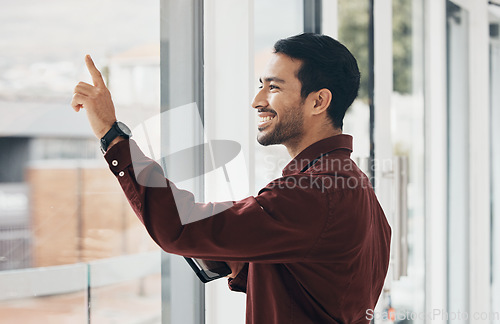 Image of Window, invisible hologram and business man in office with hand gesture for digital, virtual tech and ai. Network, technology mockup and happy male touch glass on tablet for internet, research and ux